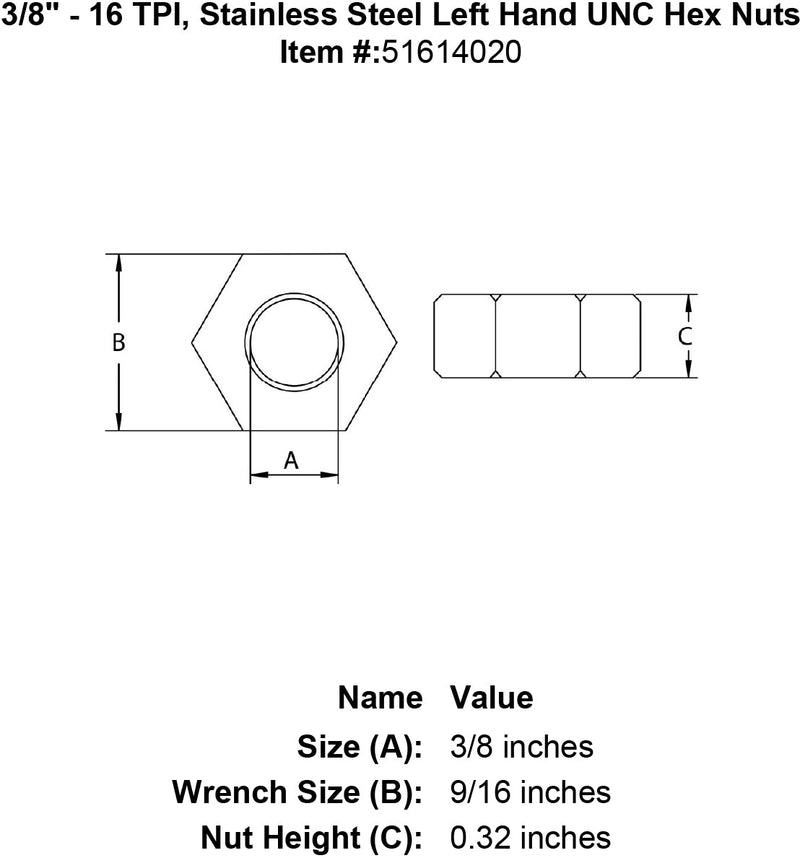three eighths inch stainless hex nut left specification diagram