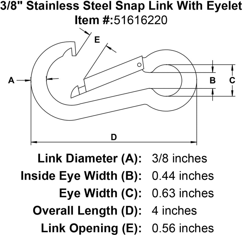 three eighths inch stainless snap link eyelet specification diagram