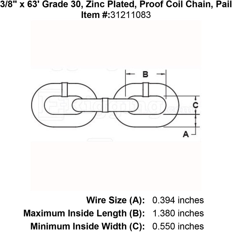 three eighths inch x 63 foot Grade 30 Zinc plated chain specification diagram