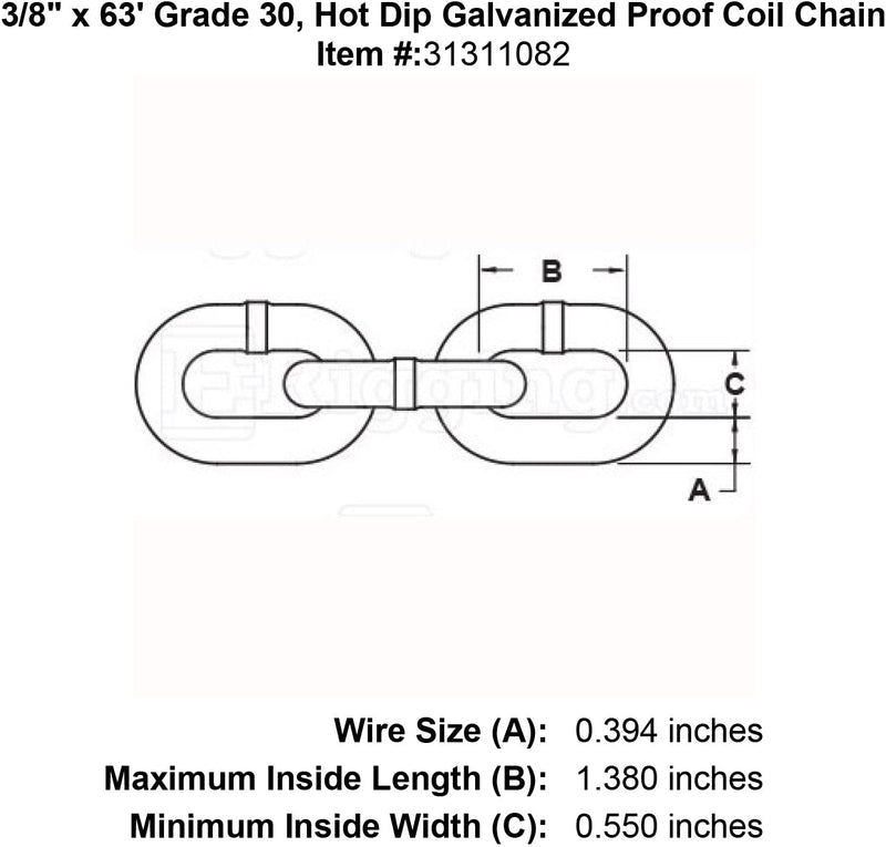 three eighths inch x 63 foot Grade 30 galvanized chain specification diagram