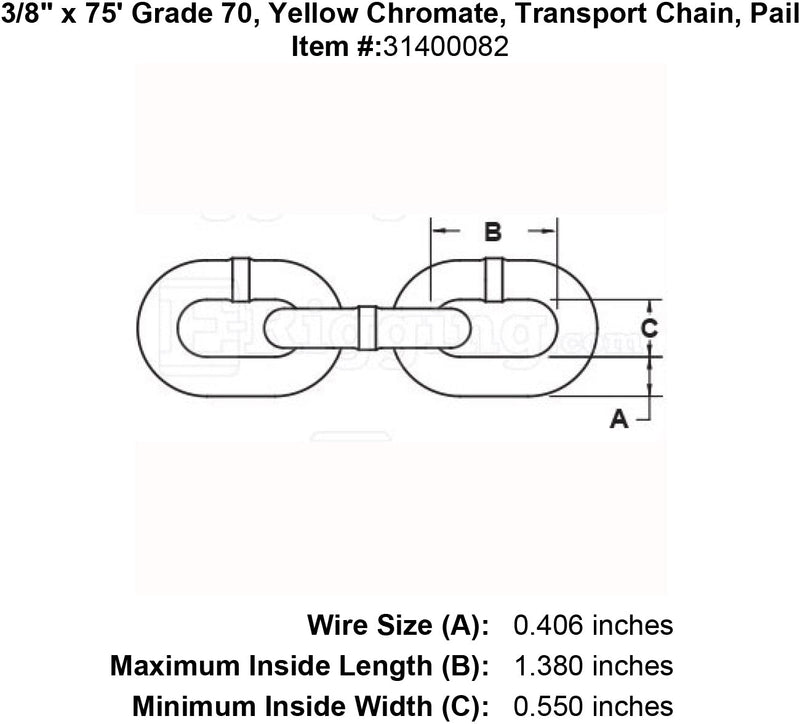 three eighths inch x 75 foot Grade 70 chain specification diagram