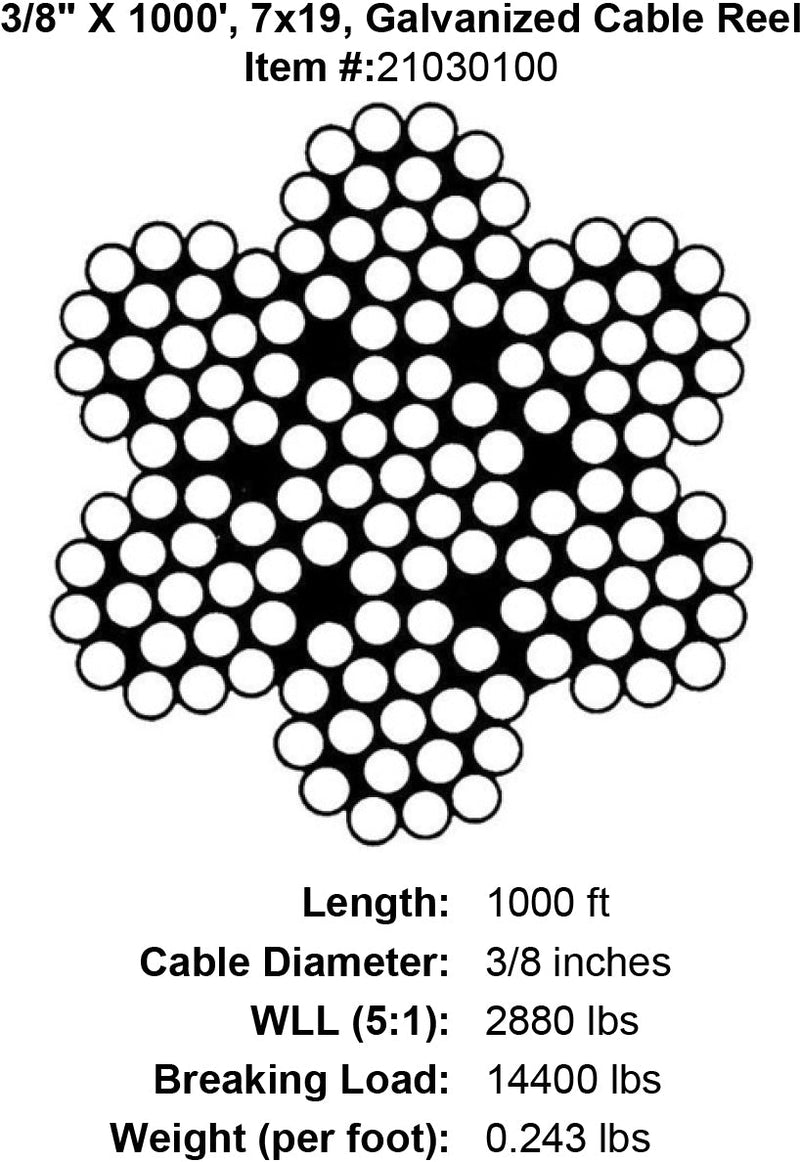 three eighths x 1000 foot galvanized cable specification diagram