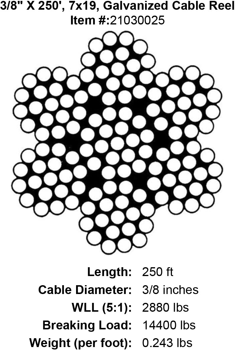 three eighths x 250 foot galvanized cable specification diagram