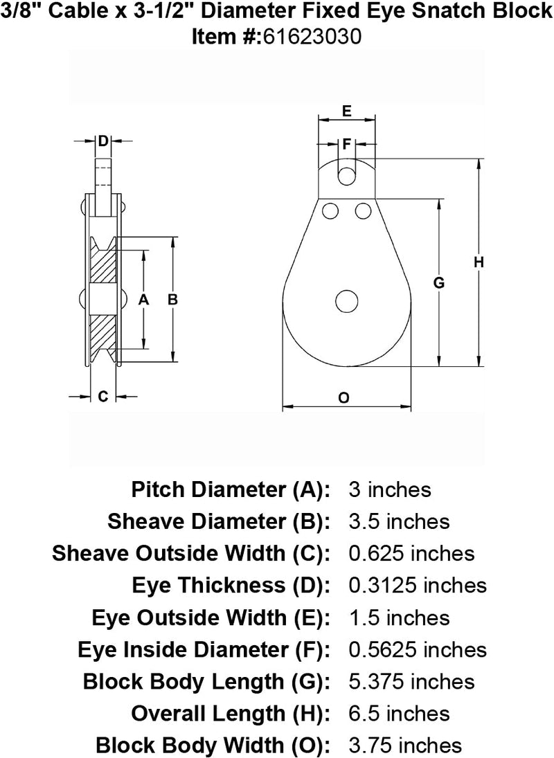 three eigths inch fixed eye snatch block specification diagram