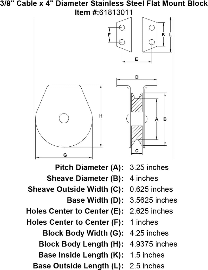 three eigths inch md stainless flat mount block specification diagram