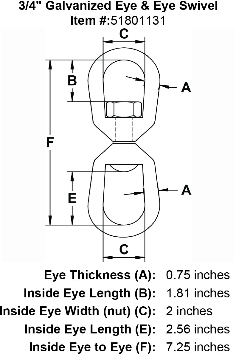 three quarter inch Eye Eye Swivel specification diagram