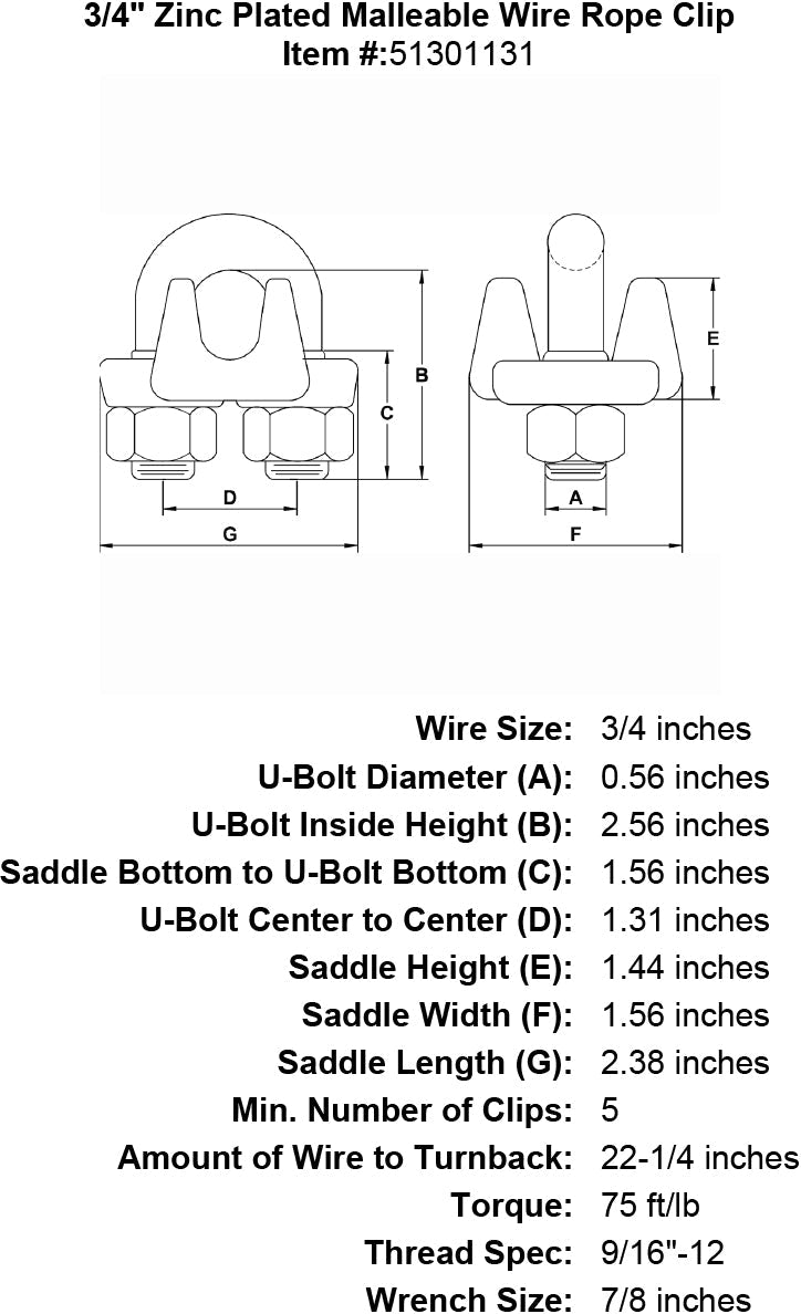 three quarter inch Malleable Wire Rope Clip specification diagram