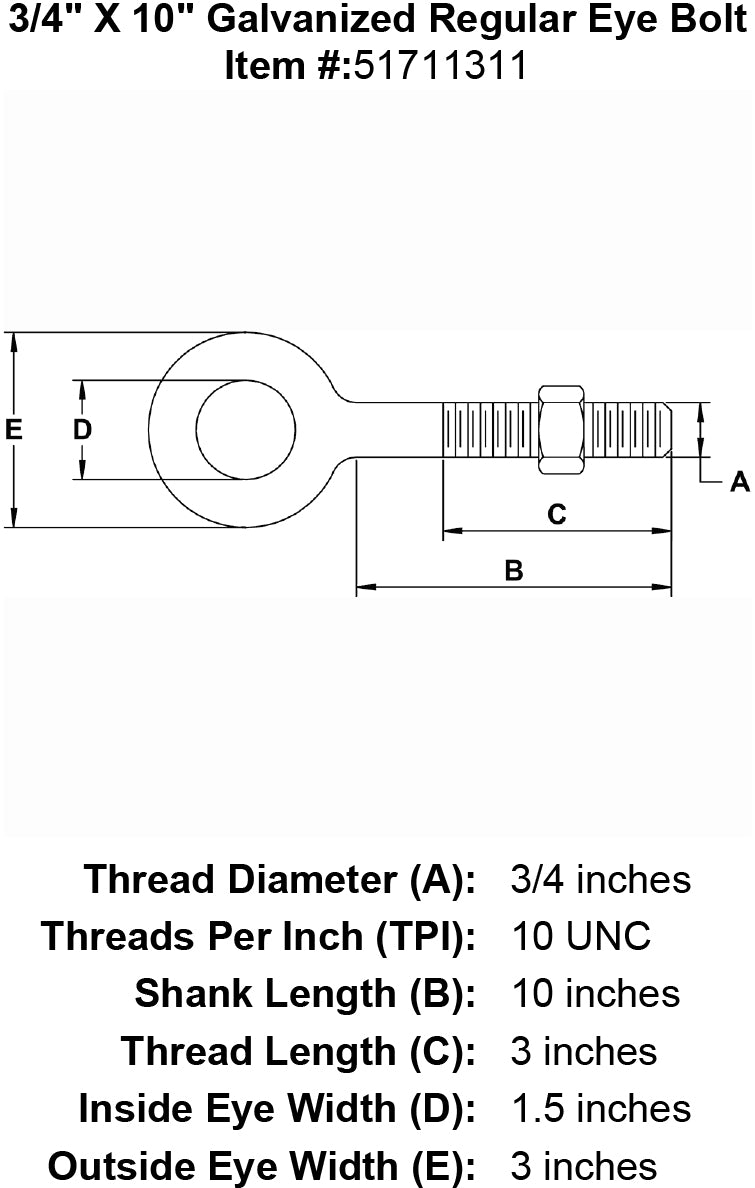 three quarter inch X 10 inch Eyebolt specification diagram