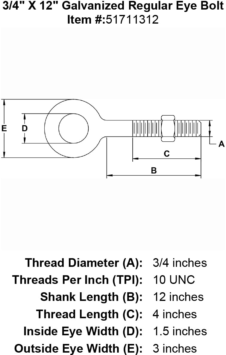 three quarter inch X 12 inch Eyebolt specification diagram