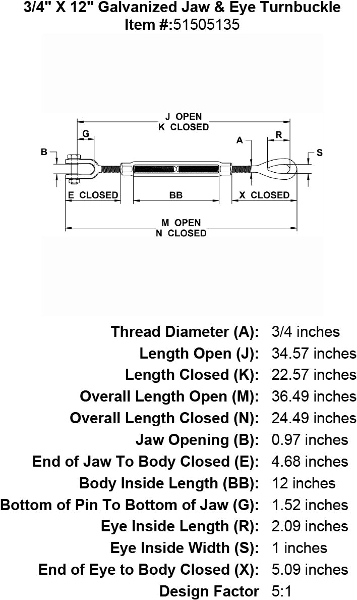 three quarter inch X 12 inch Jaw Eye Turnbuckle specification diagram