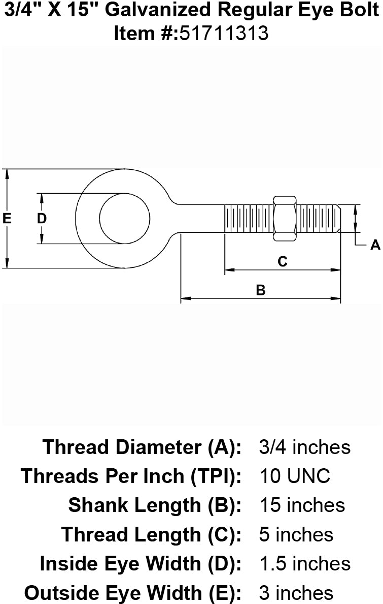 three quarter inch X 15 inch Eyebolt specification diagram
