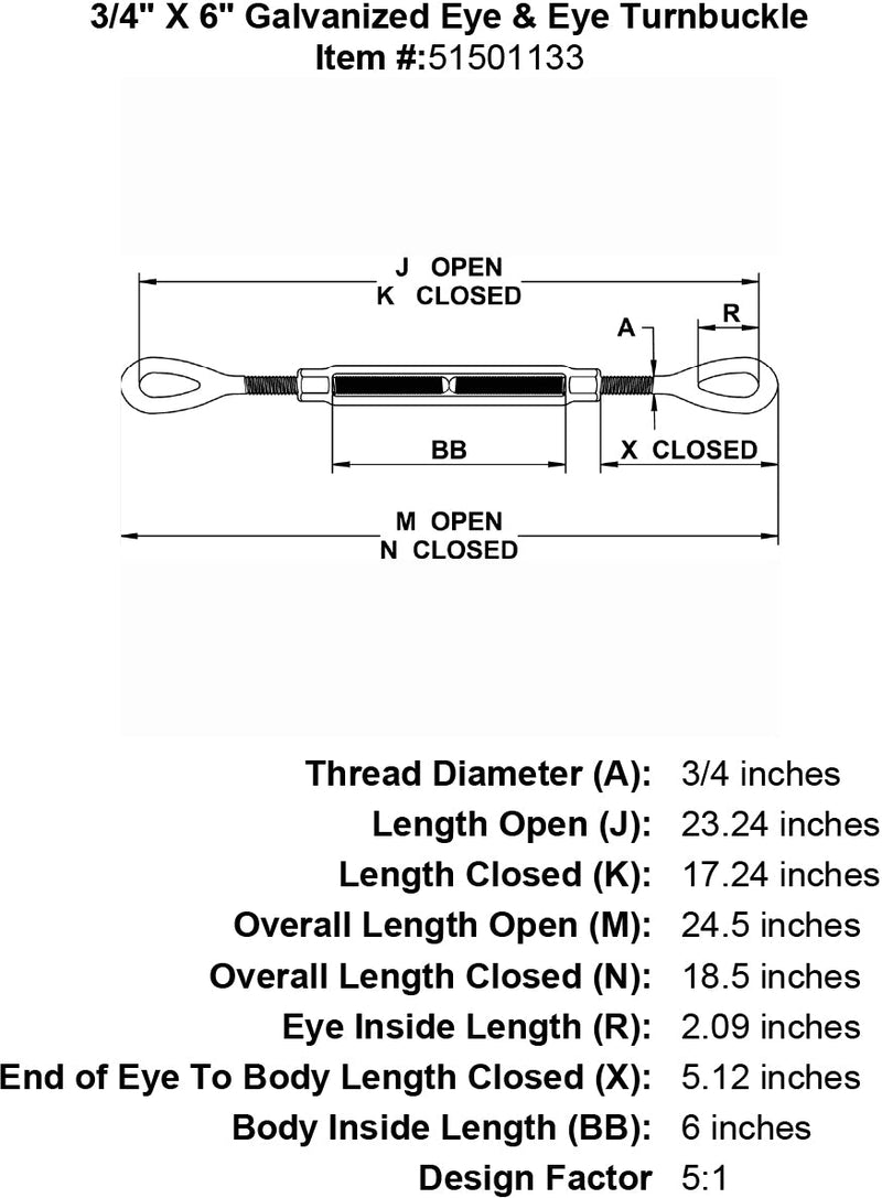 three quarter inch X 6 inch Eye Eye Turnbuckle specification diagram