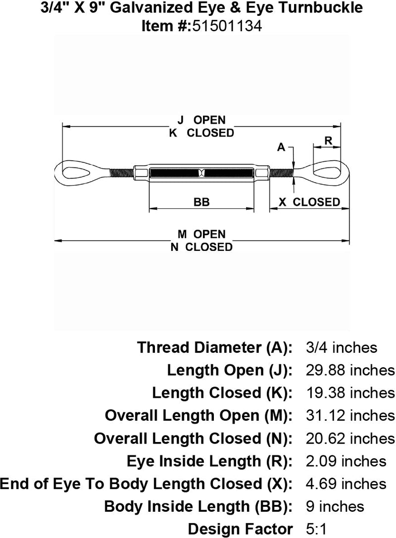 three quarter inch X 9 inch Eye Eye Turnbuckle specification diagram