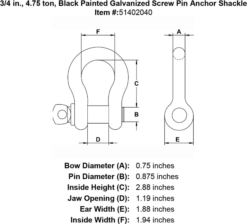 three quarter inch black screw pin shackle specification diagram