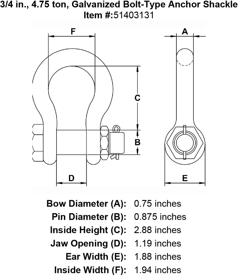 three quarter inch bolt type shackle specification diagram