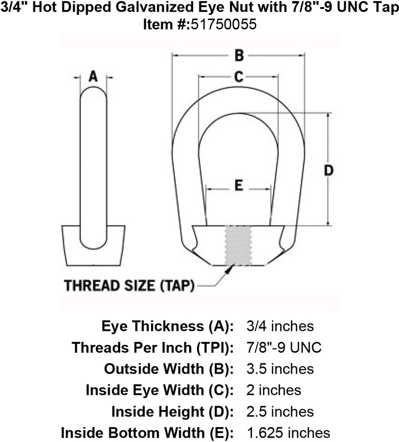 three quarters inch eye nut specification diagram