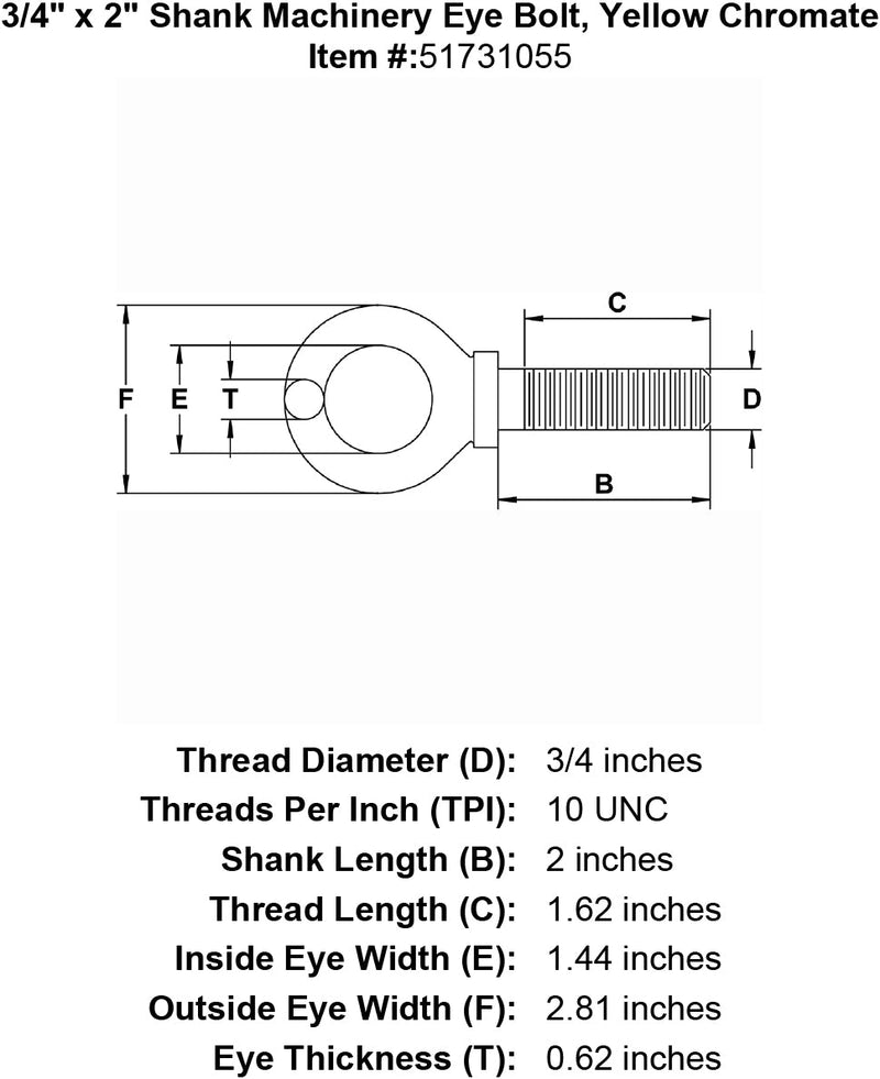 three quarters inch machinery eye bolt yellow chromate specification diagram