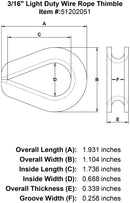 three sixteenths inch Light Duty Wire Rope Thimble specification diagram