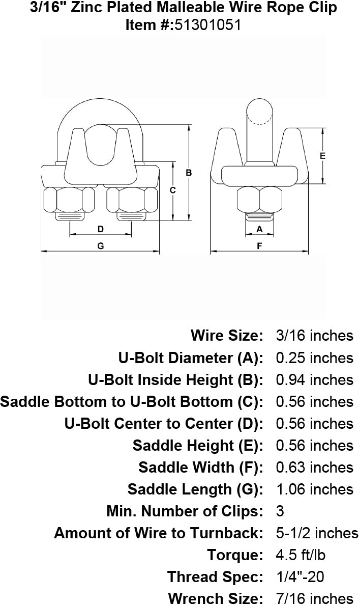 three sixteenths inch Malleable Wire Rope Clip specification diagram