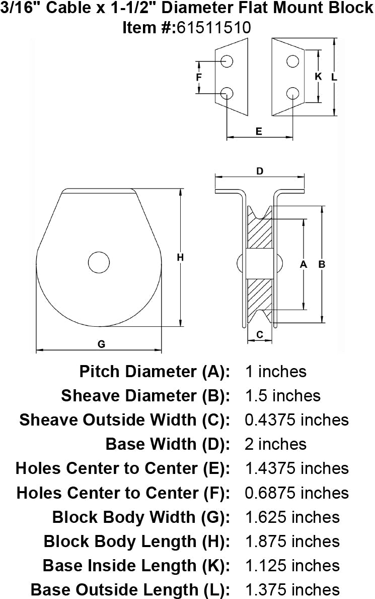 three sixteenths inch flat mount block specification diagram