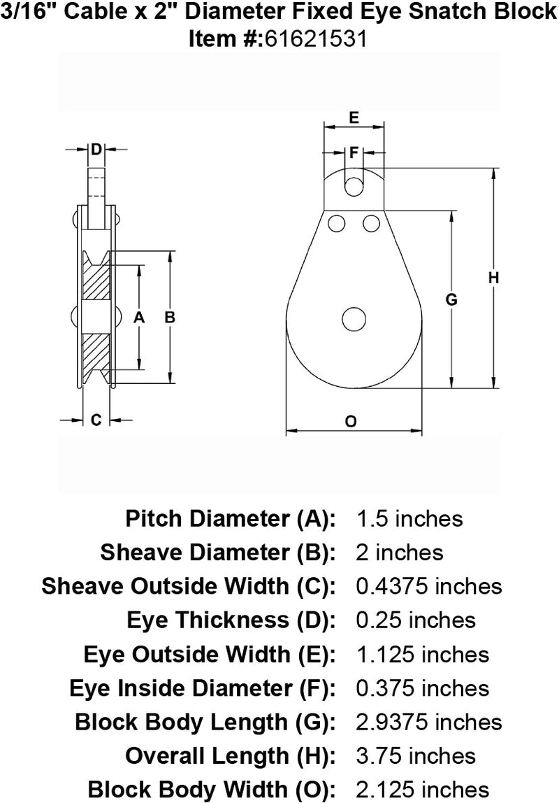 three sixteenths inch hd fixed eye snatch block specification diagram