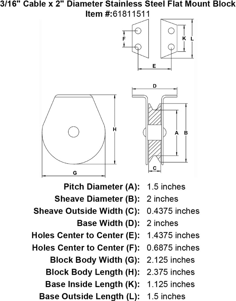 three sixteenths inch hd stainless flat mount block specification diagram