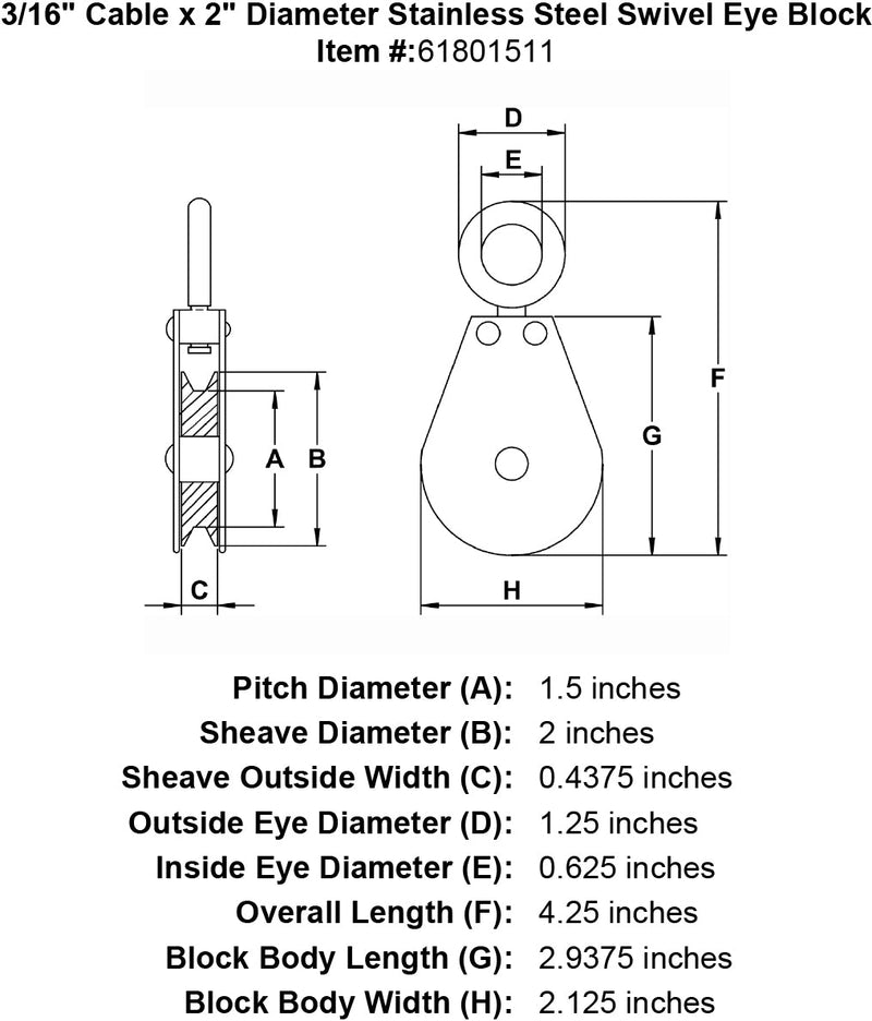 three sixteenths inch hd stainless swivel eye block specification diagram