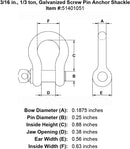 three sixteenths inch screw pin shackle specification diagram