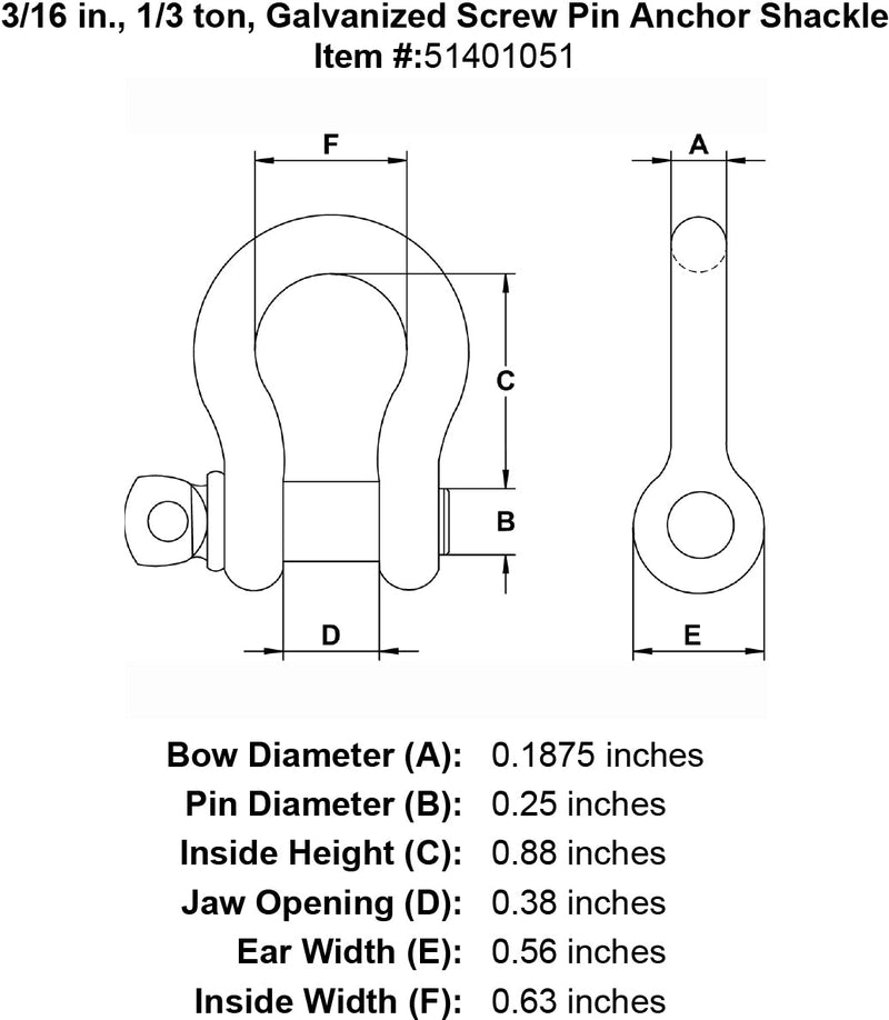 three sixteenths inch screw pin shackle specification diagram