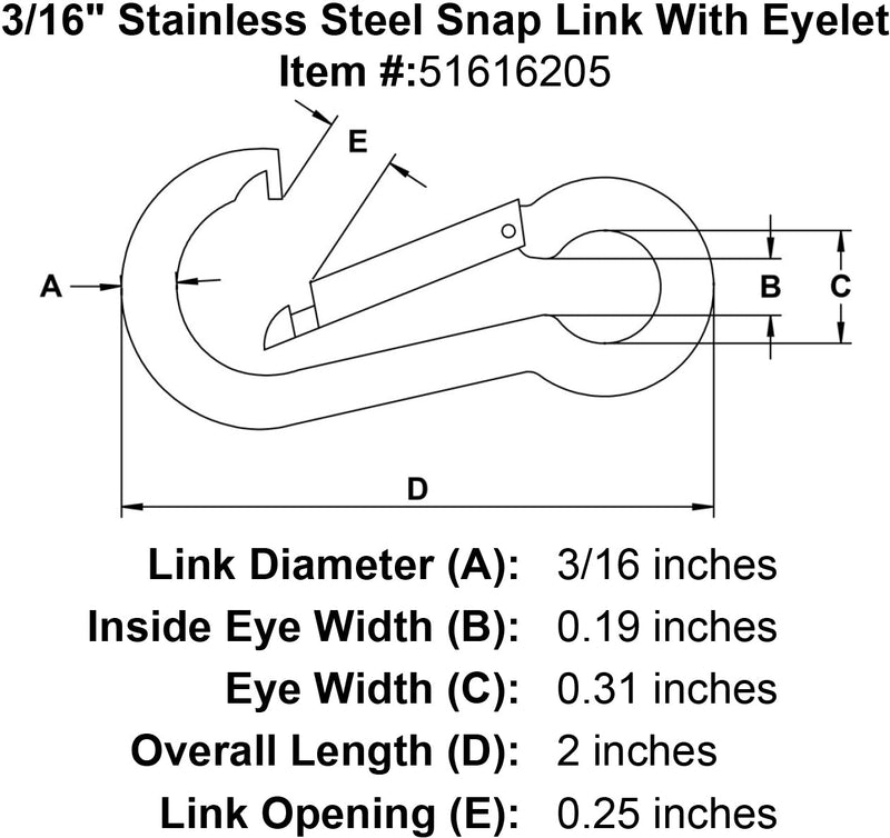 three sixteenths inch stainless snap link eyelet specification diagram