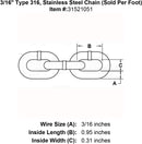 three sixteenths inch stainless steel 316 chain specification diagram