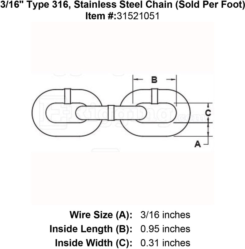 three sixteenths inch stainless steel 316 chain specification diagram