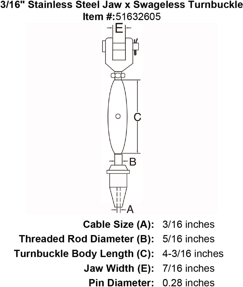 three sixteenths inch stainless steel jaw swageless turnbuckle specification diagram