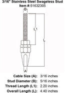 three sixteenths inch stainless steel swageless stud specification diagram