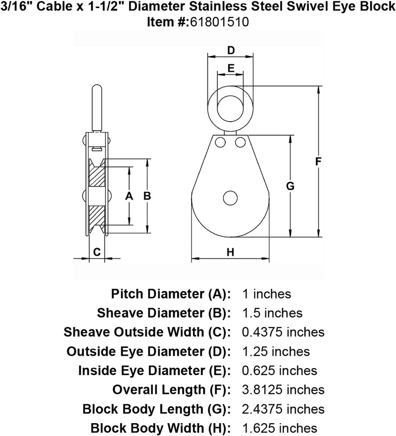 three sixteenths inch stainless swivel eye block specification diagram