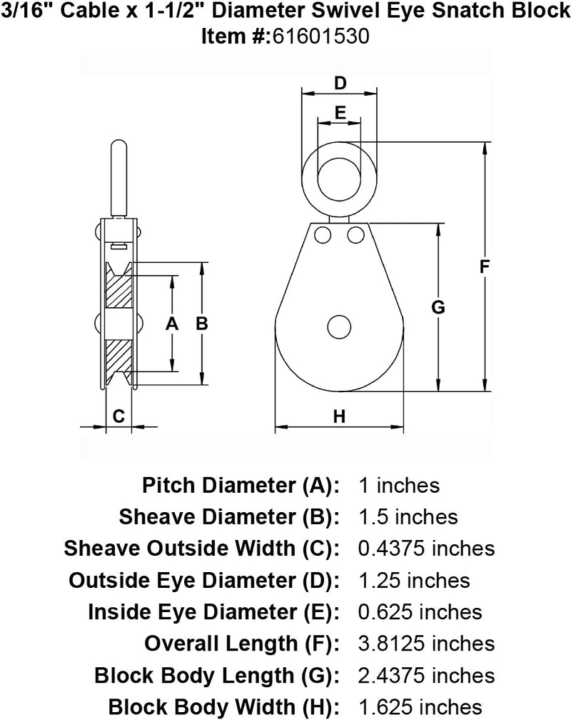 three sixteenths inch swivel eye snatch block specification diagram