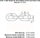 three sixteenths inch x 250 foot Grade 30 Zinc plated chain specification diagram