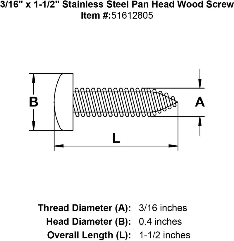 three sixteenths inch x one and one half inch stainless pan head screw ten specification diagram