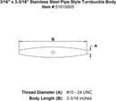three sixteenths inch x three inch stainless pipe turnbuckle body specification diagram