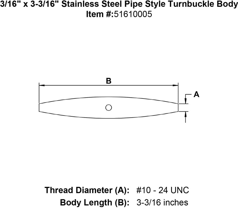 three sixteenths inch x three inch stainless pipe turnbuckle body specification diagram