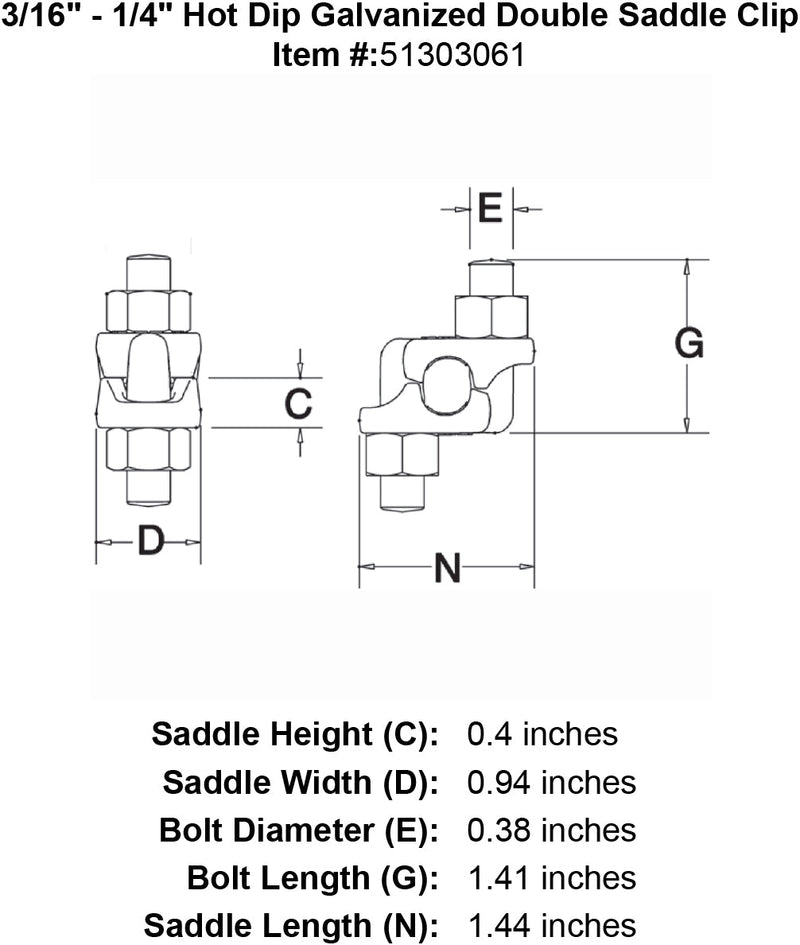 three sixteenths quarter inch hot dip galvanized double saddle clip specification diagram
