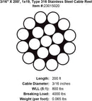 three sixteenths x 200 foot 1 x 19 grade 316 stainless cable specification diagram