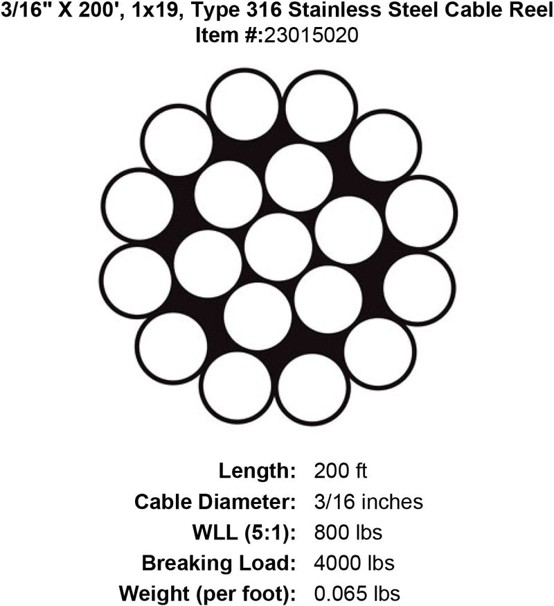 three sixteenths x 200 foot 1 x 19 grade 316 stainless cable specification diagram