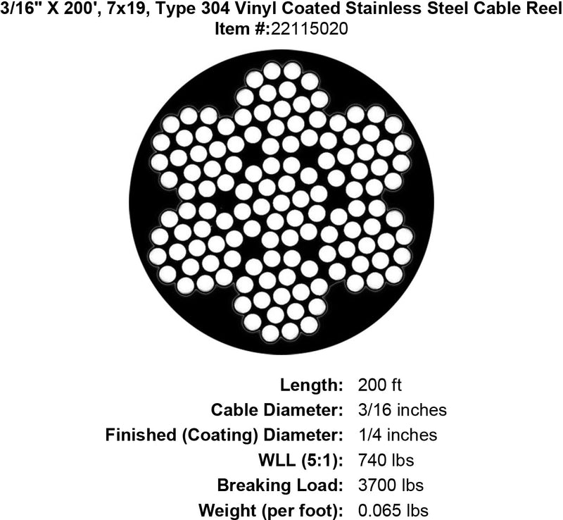 three sixteenths x 200 foot coated stainless cable specification diagram