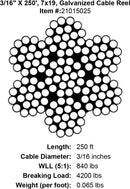 three sixteenths x 250 foot galvanized cable specification diagram