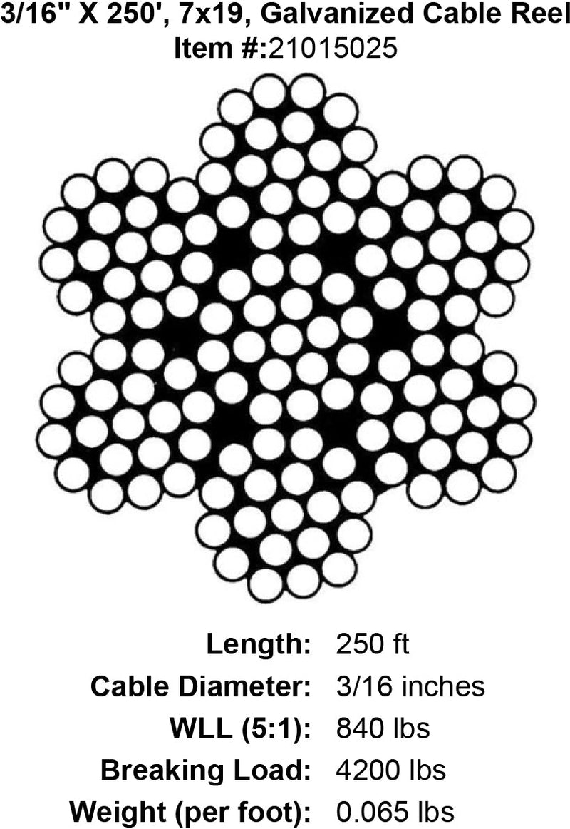 three sixteenths x 250 foot galvanized cable specification diagram