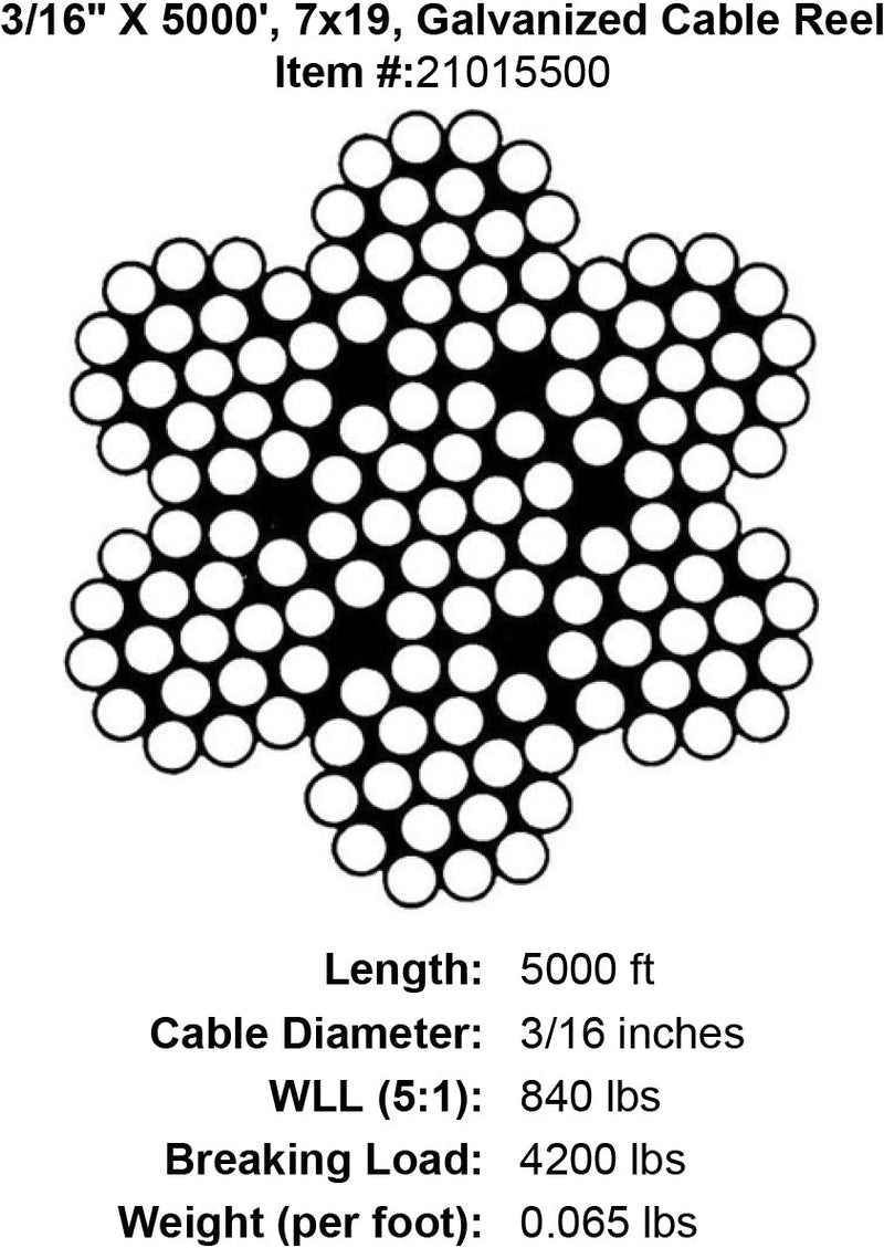three sixteenths x 5000 foot galvanized cable specification diagram