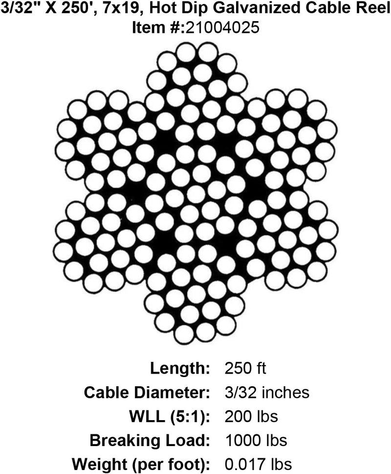 three thirty seconds inch x 250 foot hot dip galvanized cable specification diagram