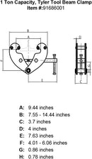 tyler 1 ton beam clamp specification diagram