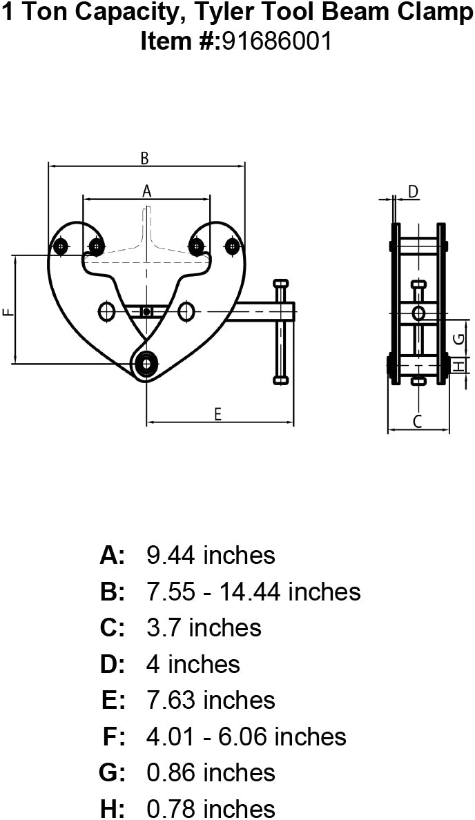 tyler 1 ton beam clamp specification diagram